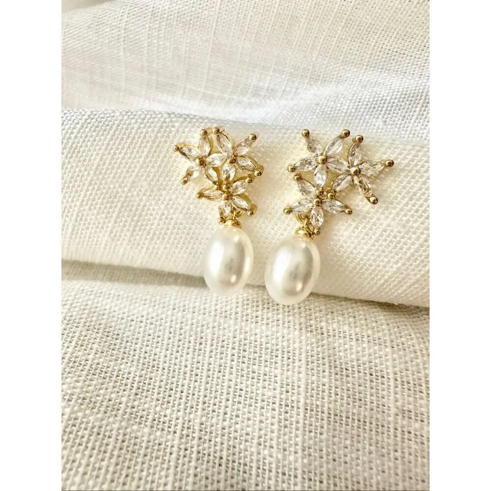 Cubic zirconia flower dainty pearl dangle earrings